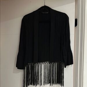 Zara Black Fringe Open-Front Cardigan